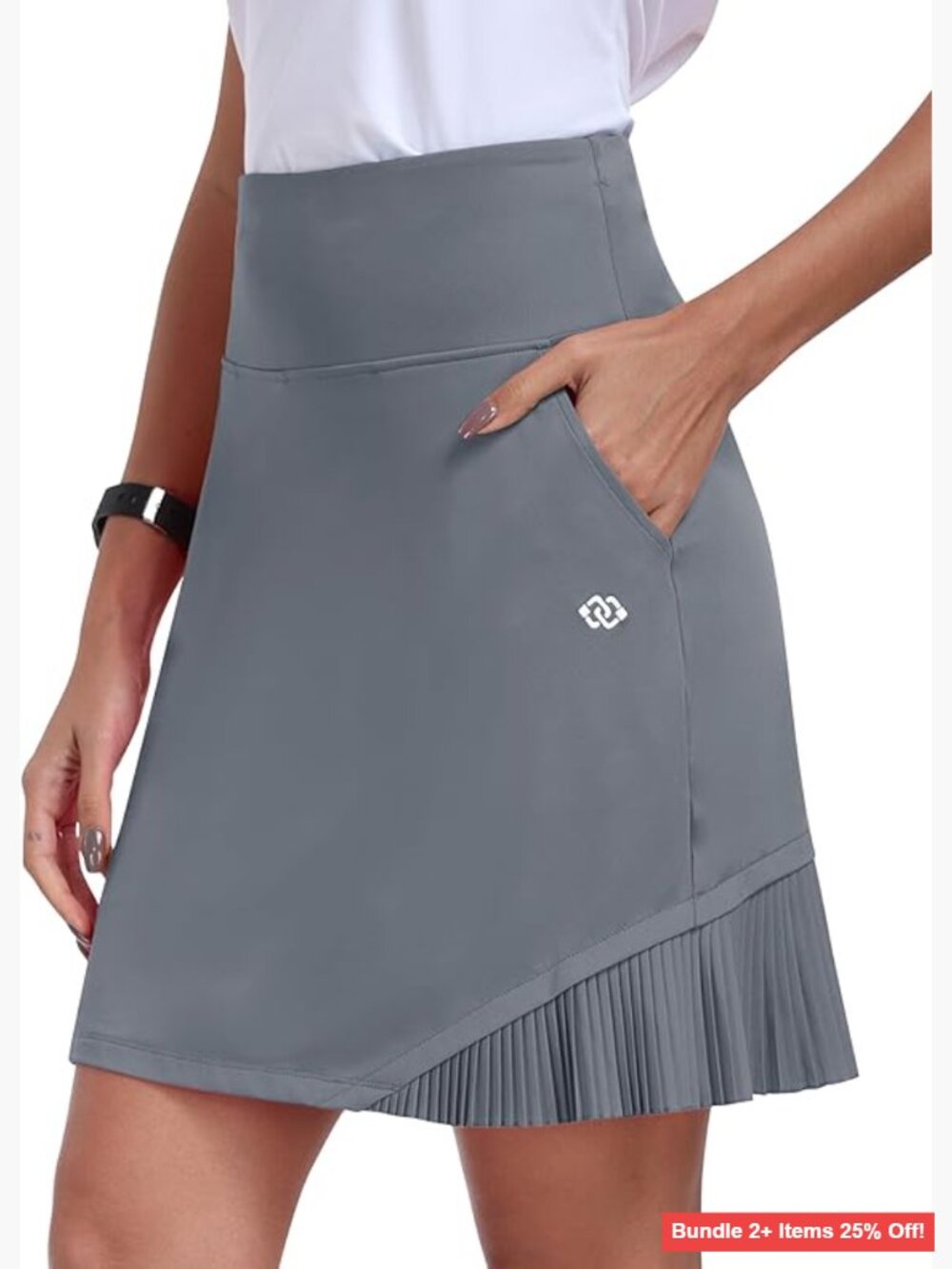 Knee Length Pleated Skort with Pockets High Waist Athletic Activewear Medium